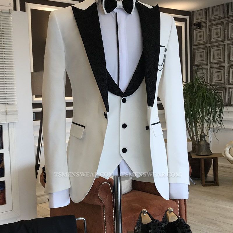Carl Smart 3-pieces White Prom Men Suits mixed Black Peaked Lapel
