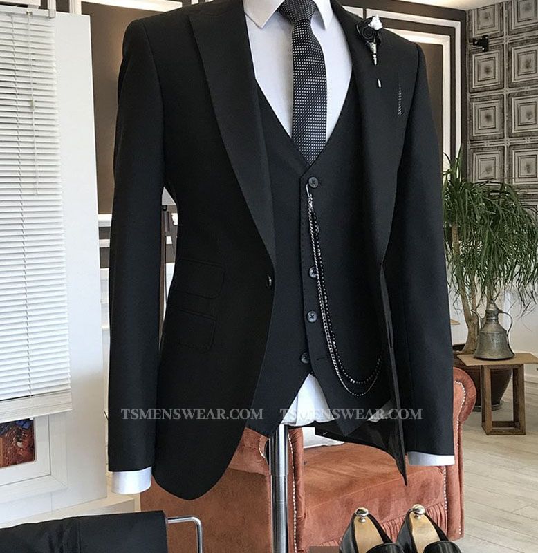 John Traditional 3-Pieces Black Peaked Lapel Slim Fit Men Suits For Formal Business