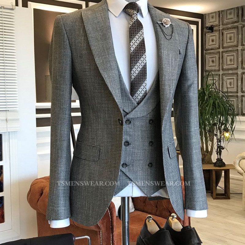 Charles Dark Gray Small Plaid Peaked Lapel 2 Flaps Slim Fit Business Men Suits
