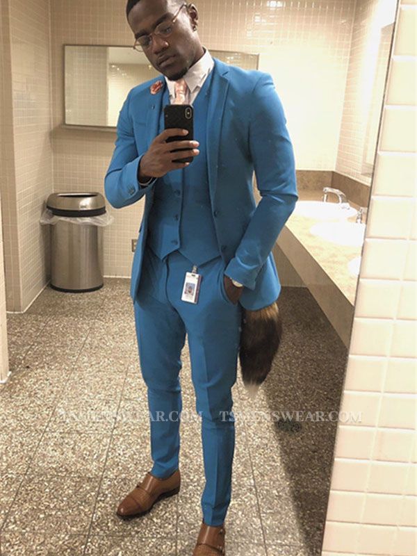 Ocean Blue Three-Piece Slim Fit Notch Lapel Men's Suit for Prom