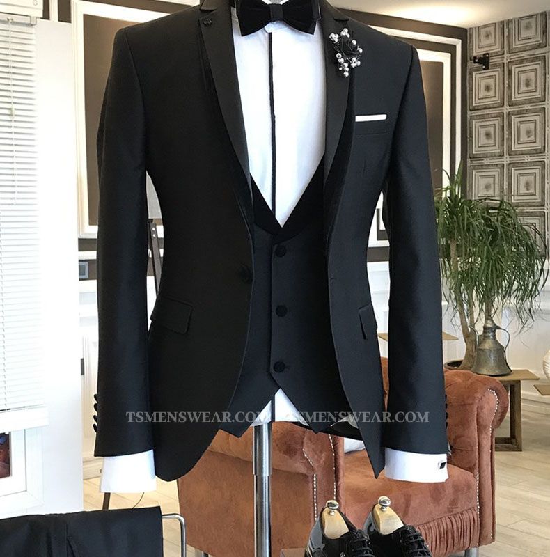 Devin Elegant 3-pieces Black Notched Lapel Business Men Suits