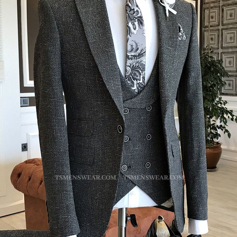 Otis Classic Dark Gray Small Plaid Peaked Lapel Double Breasted Waistcoat Business Suits