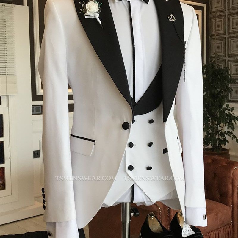 Leo Stylish White 3-Pieces Black Peaked Lapel Double Breasted Waistcoat Bespoke Business Suits