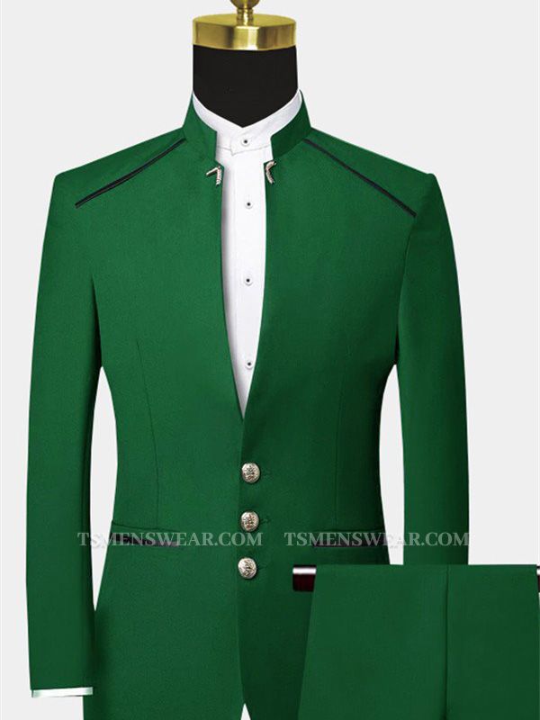 Green Two Pieces Men Suits | Mandarin Collar Three Buttons Prom Tuxedo