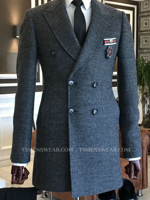 Elmer Trendy Dark Gray Peaked Lapel Double Breasted Bespoke Wool Coat