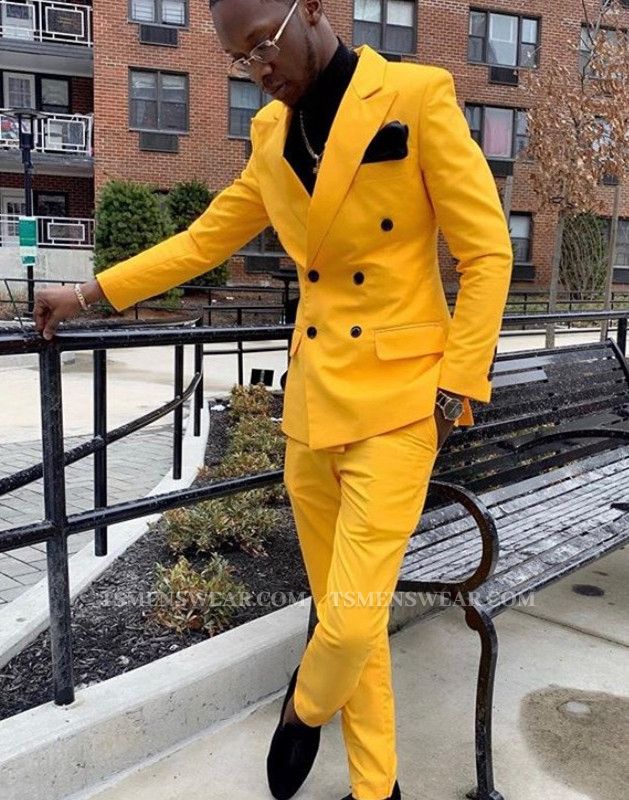 Adrian Yellow Double Breasted Peaked Lapel Slim Fit Men Suits