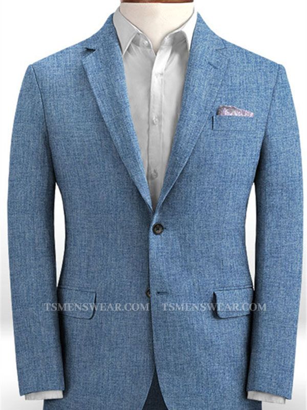 Fashion Blue Linen Wedding Suits for Men | Beach Slim Fit Groom 2 Piece Tuxedo