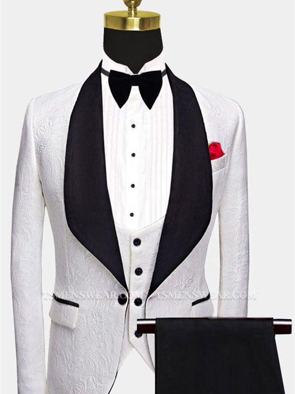 Floral White Men Suits with Black Lapel | Three Pieces Dinner Suits for Men