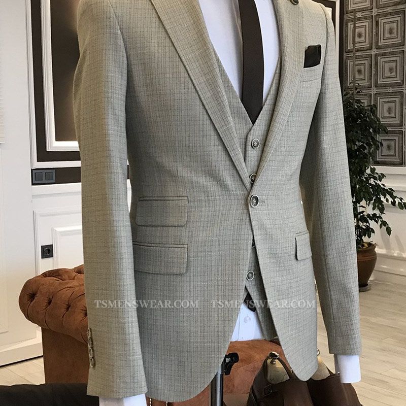 New Arrival Light Brown Small Plaid Notched Lapel Slim Fit Tailored Business Suits For Men
