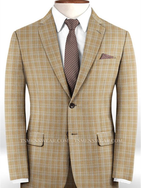 Khaki Checker Two Pieces Men Suits | Bespoke Slim Fit Tuxedo Online