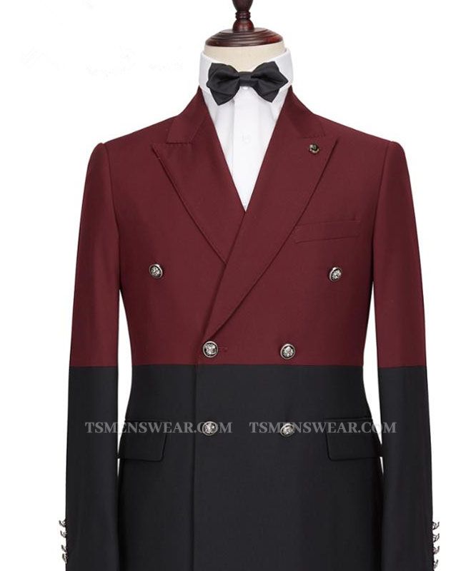 Emmanuel Fashion Burgundy and Black Double Breasted Peaked Lapel Men Suits for Prom