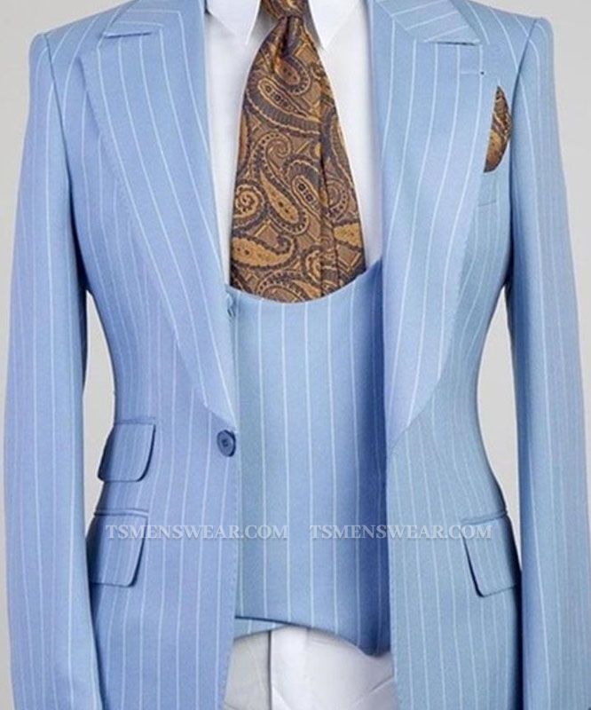 Isiah Fashion Blue Stripe Peaked Lapel Three Pieces Men Suits