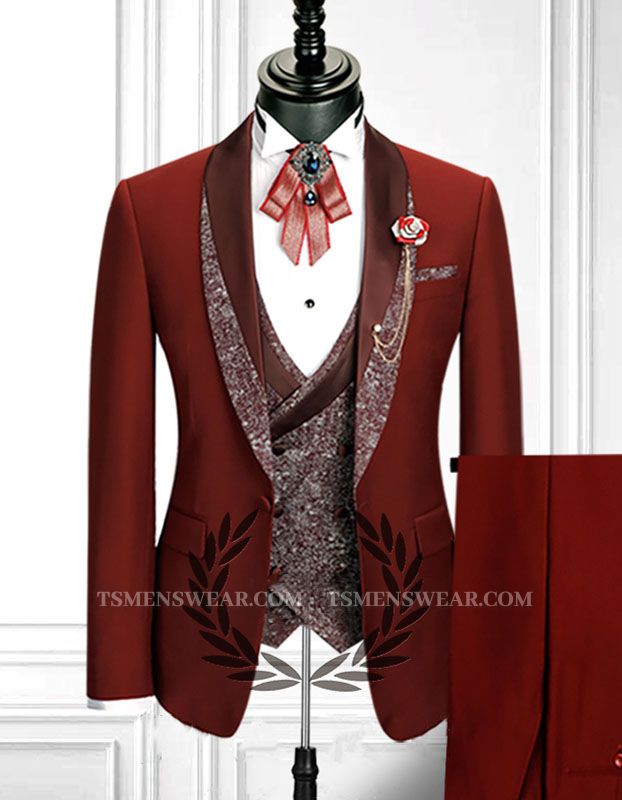 Red 3 Piece Stitching Lapel Stylish Double Breasted Waistcoat Men's Formal Suit