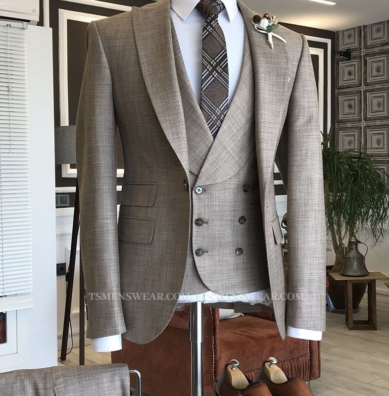 Handsome Light Coffee Plaid 3 Flaps Double Breasted Waistcoat Business Suits For Men