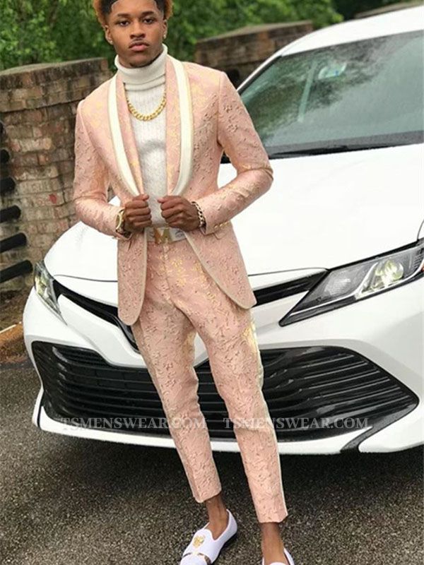 Pink Jacquard Men Suit for Prom Online | Shawl Lapel Prom Outfit