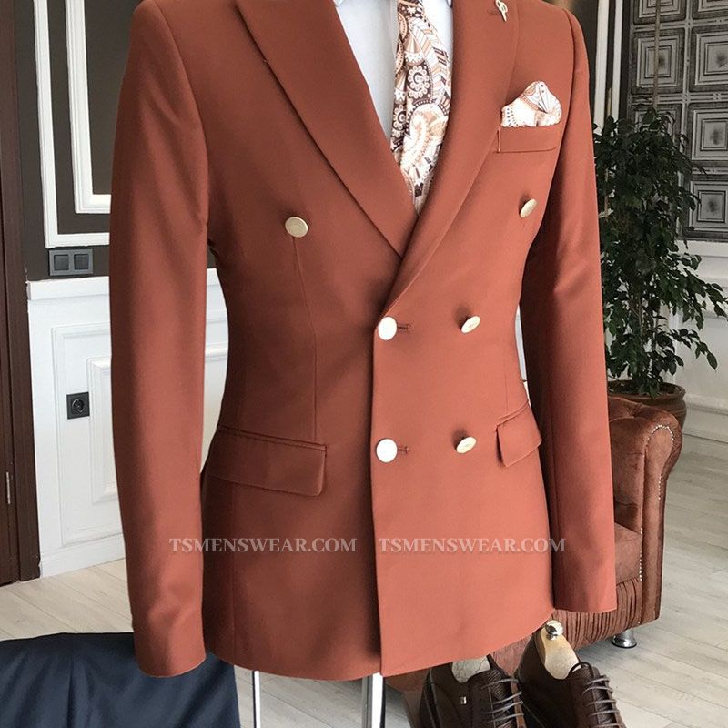 Roy Formal Orange Peaked Lapel Double Breasted Men Suits For Business