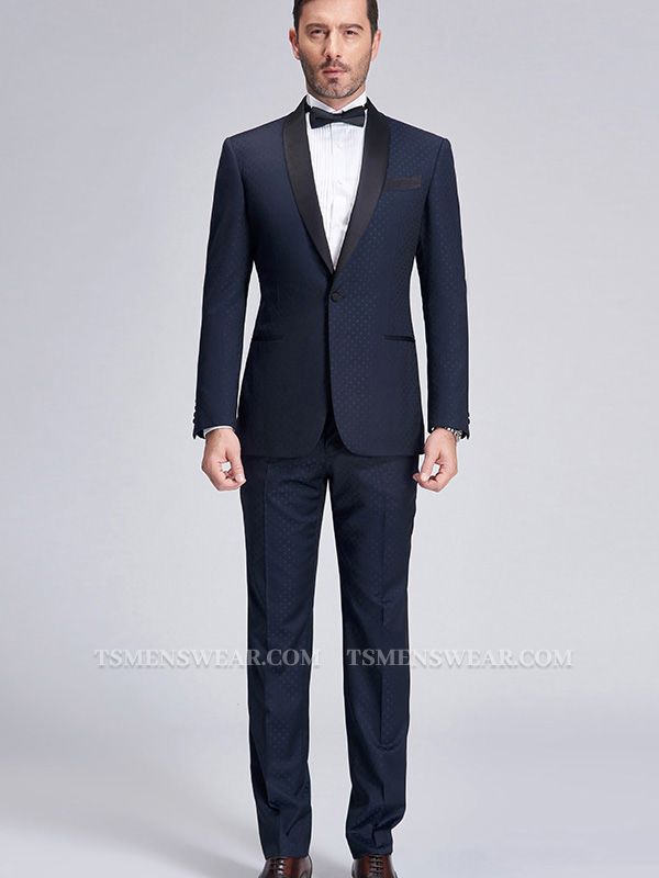Gentle Blue Dots Shawl Lapel Wedding Tuxedos | Dark Navy Wedding Suits for Men
