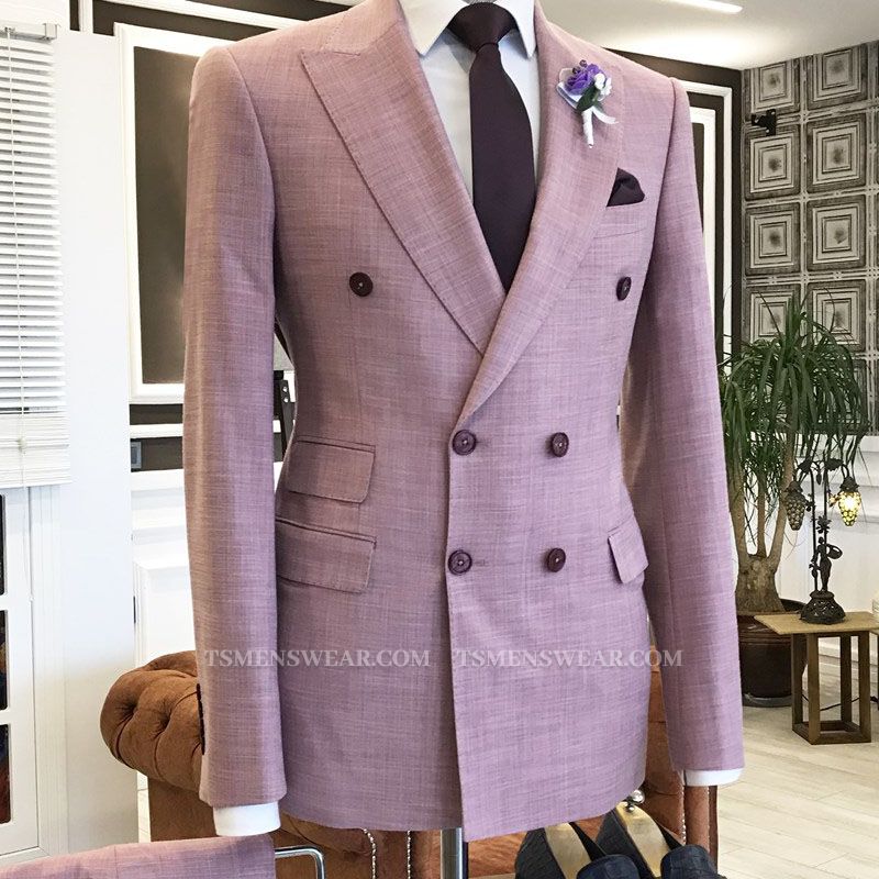 Unique Pink Peaked Lapel Double Breasted 3 Flaps Prom Suits For Men
