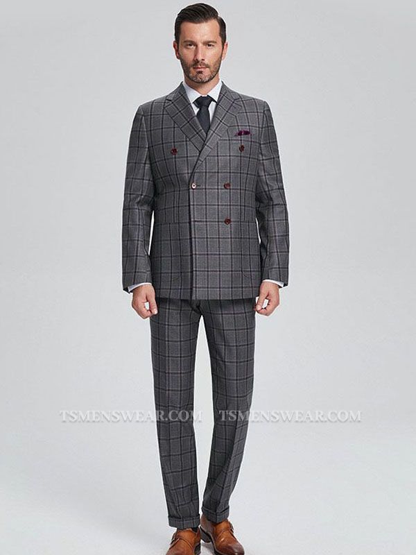 Retro Large Plaid Dark Grey Double Breasted Mens Suits for Business