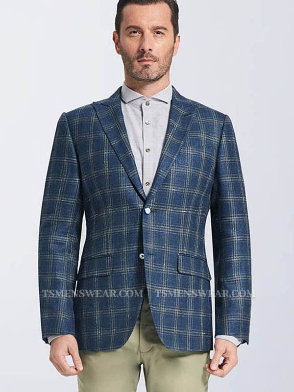 Classic Peak Lapel Navy Blue Plaid Suit Blazer Jacket for Men