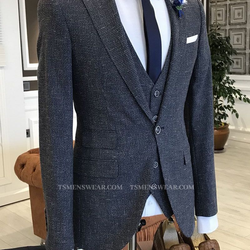 modern navy blue small plaid notched lapel slim fit custom formal menswear