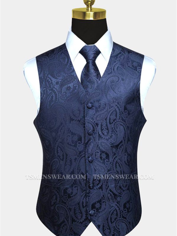 Silk Navy Blue Paisley Vest with Tie Set