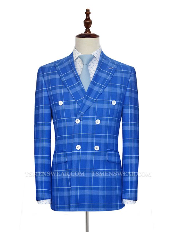 Bespoke Double Breasted Checked Blue Mens Suits | Peak Lapel Leisure Suits