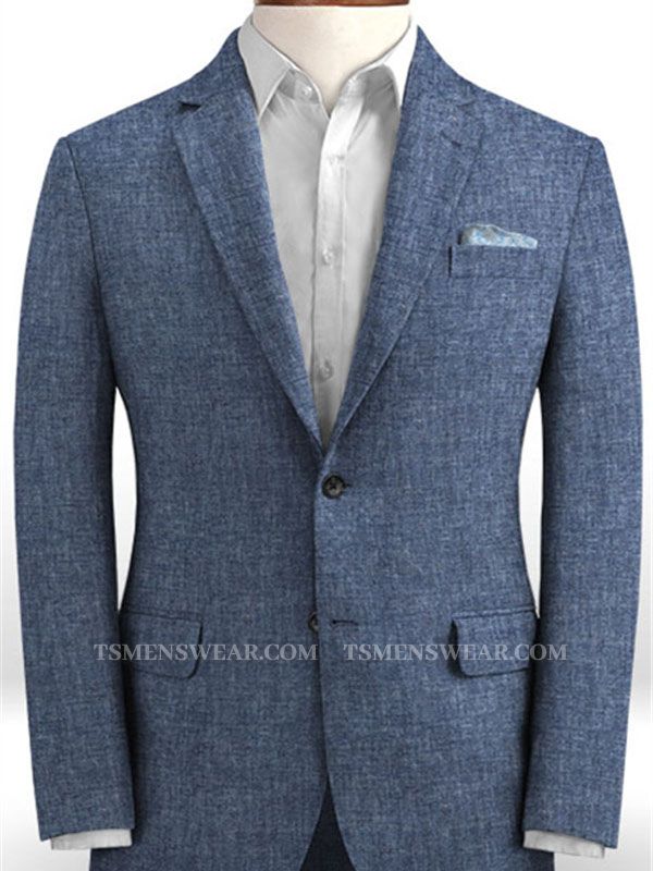 Navy Blue 2 Pieces Men Suits | Fashion Linen Tuxedo with Notch Lapel
