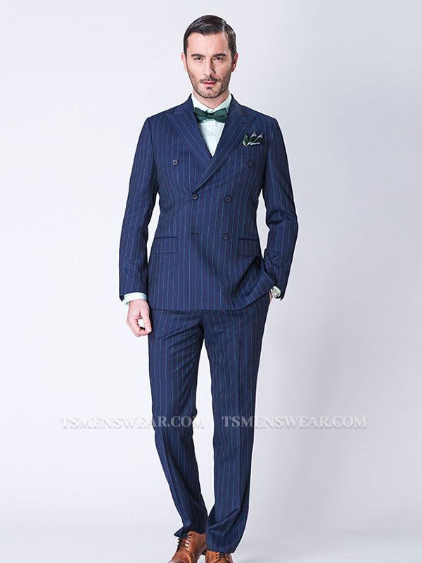 Gentlemanly Blue Wide Stripes Double Breasted Peak Lapel Dark Navy Mens Suits
