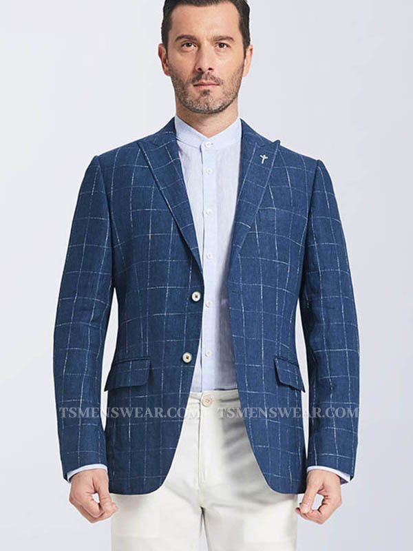 Casual Peak Lapel Navy Blue Plaid Suit Jacket | Pure Linen New Blazers