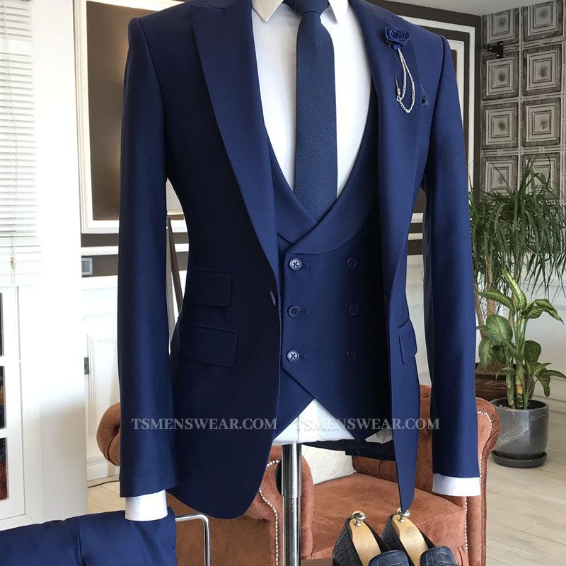 Owen Modern Navy Blue 3-Pieces Peaked Lapel Slim Fit Business Men Suits
