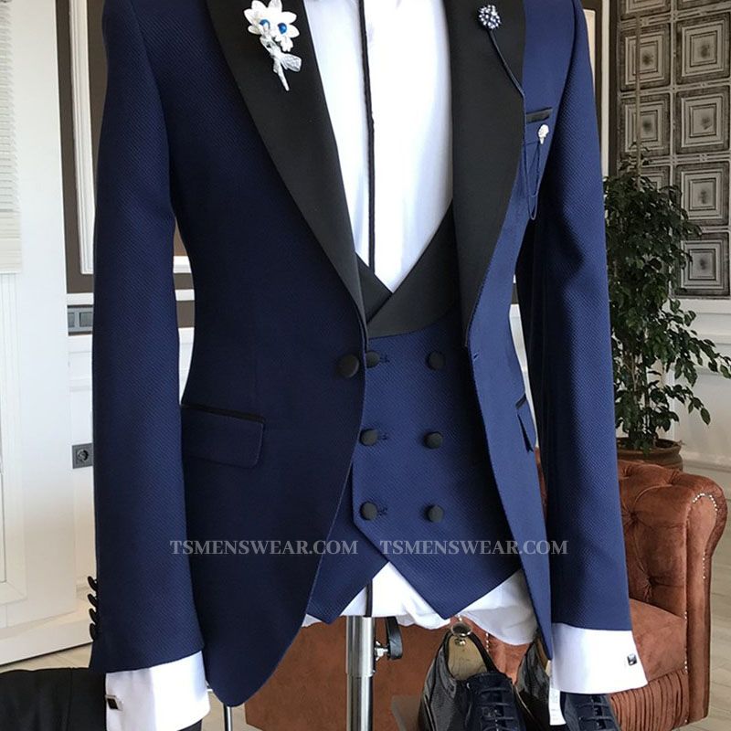 King Modern Royal Blue 3-Pieces Black Peaked Lapel Double Breasted Waistcoat Men Suits