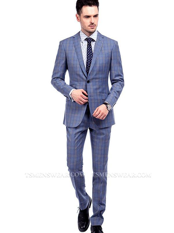 Two Buttons Flap Pocket Checked Pattern Blue Suits for Business Men