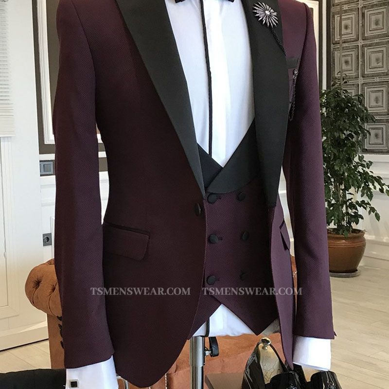 Kent Burgundy 3-Pieces Black Peaked Lapel Double Breasted Waistcoat Men Suits