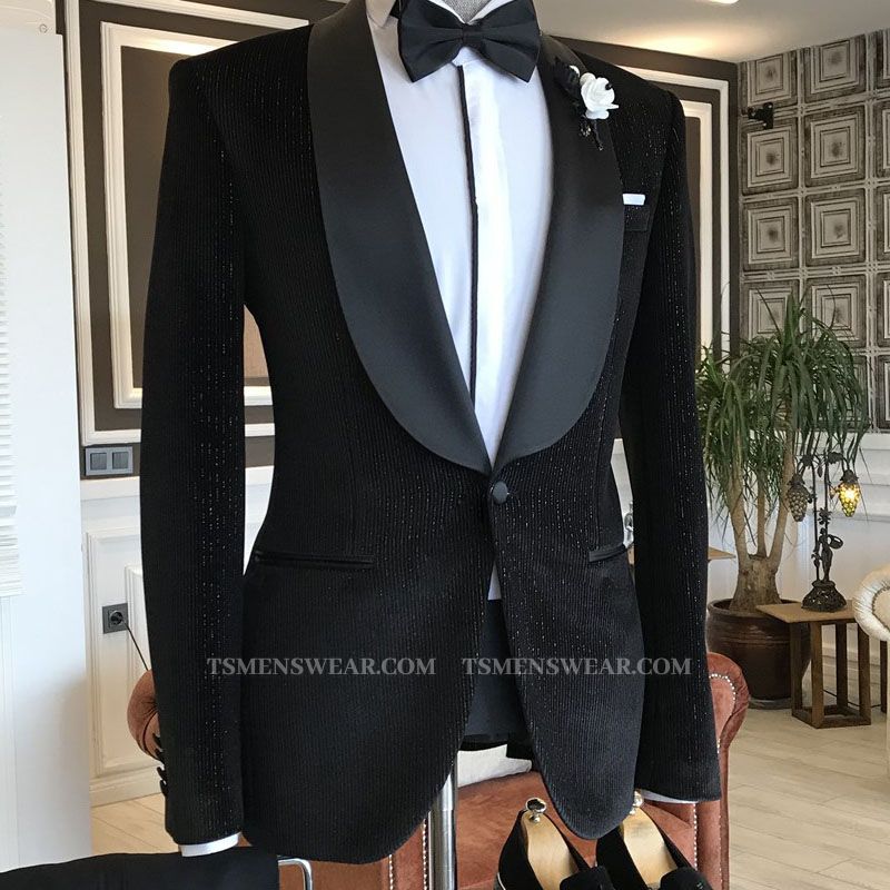 Gentle Black Shawl Lapel With One Button Slim Fit Sparkle Wedding Suits