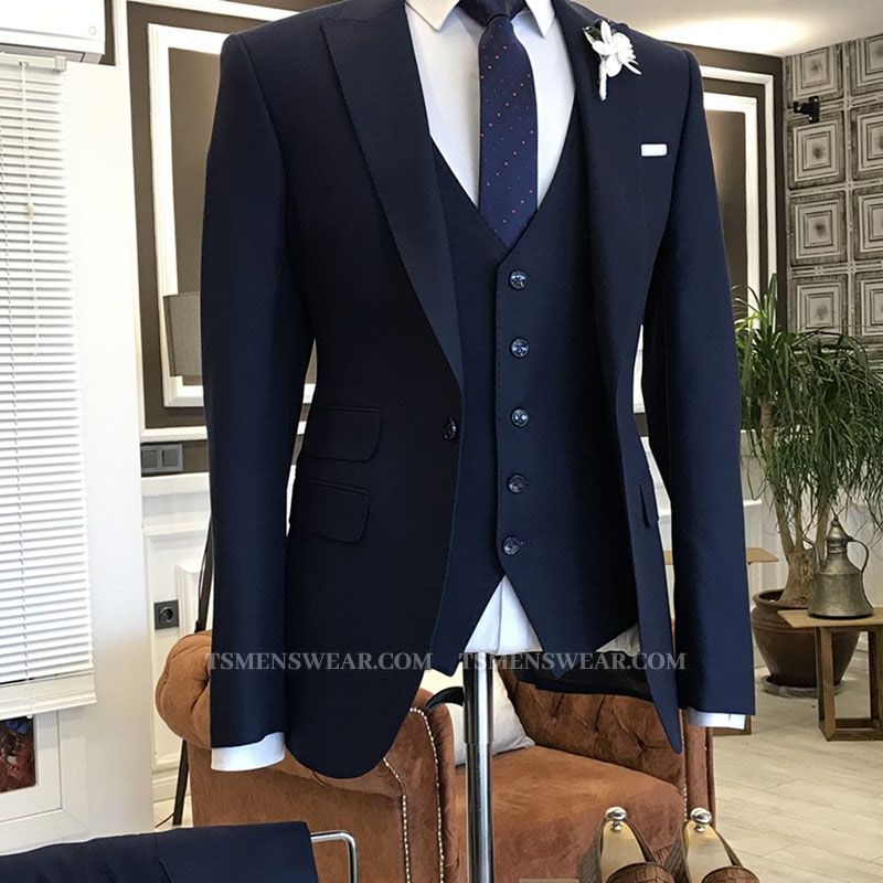 Kelly Formal 3-Pieces Solid Navy Blue Peaked Lapel Men Business Suits