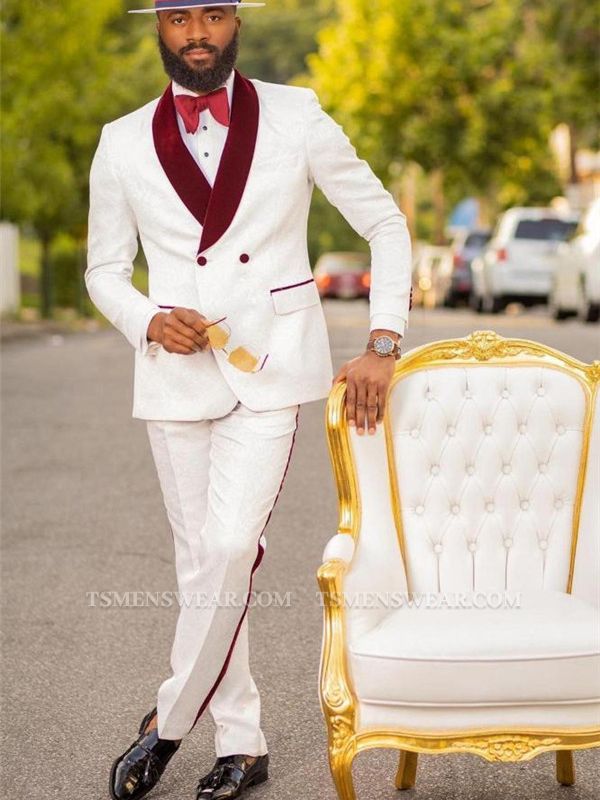 Bryan White Jacquard Double Breasted Wedding Suit with Burgundy Lapel