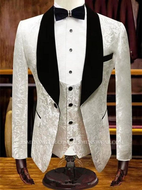 White Jacquard Wedding Tuxedos |  Men Suits for Groom 3 Pieces