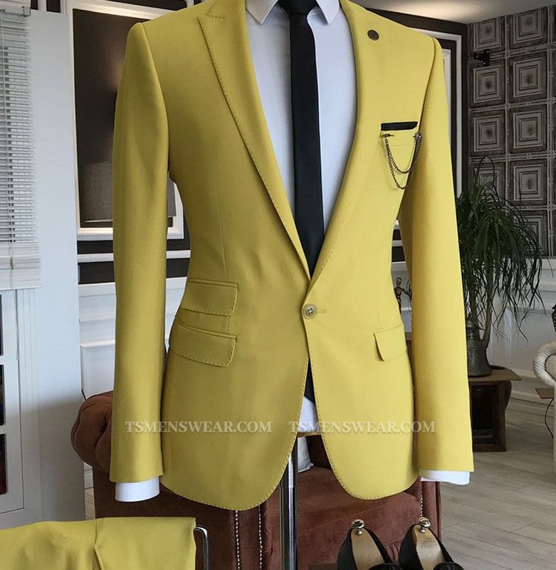 Solomon Yellow Peaked Lapel One Button 3 Flaps Prom Men Suits