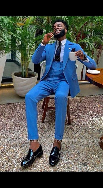 Dawson Bright Blue Three Pieces Slim Fit Notched Lapel Fashion Men Suits
