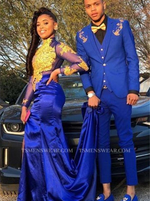Fashion Royal Blue Three Pieces Appliques Prom Men Suits Online