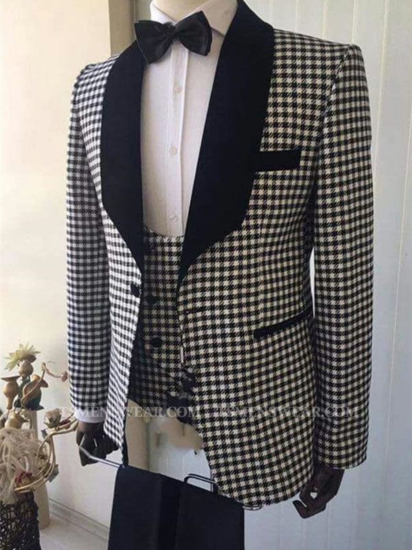 Lapel Shawl Checks Prom Suit 3 Pieces | Black Formal Business Men Suits