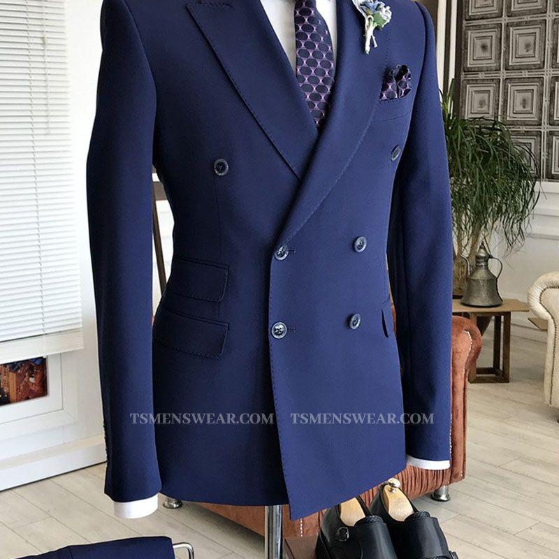 Nelson Modern Navy Blue Peaked Lapel Double Breasted Formal Business Men Suits
