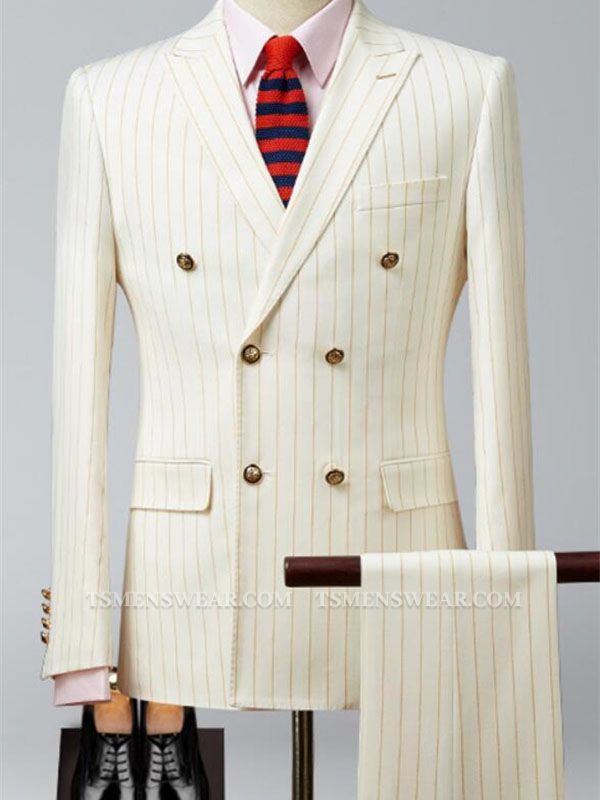 Beige Peak Lapel Double Breast Tuxedo | Formal Stripe Business Men Suits 2 Pieces
