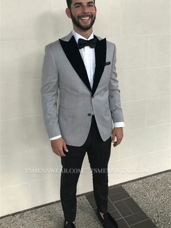 Formal Grey Slim Fit Business Mens Suits with Black Peaked Lapel