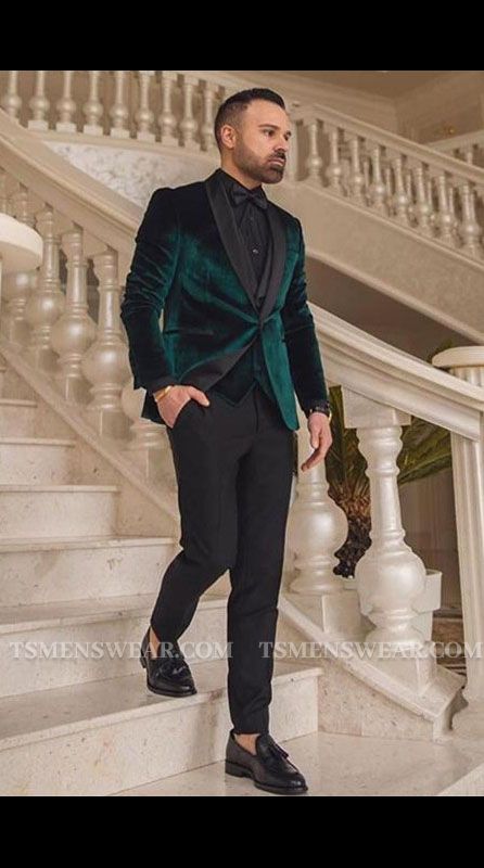 Dark Green Velvet Three Pieces Fashion Shawl Lapel Wedding Groom Suits