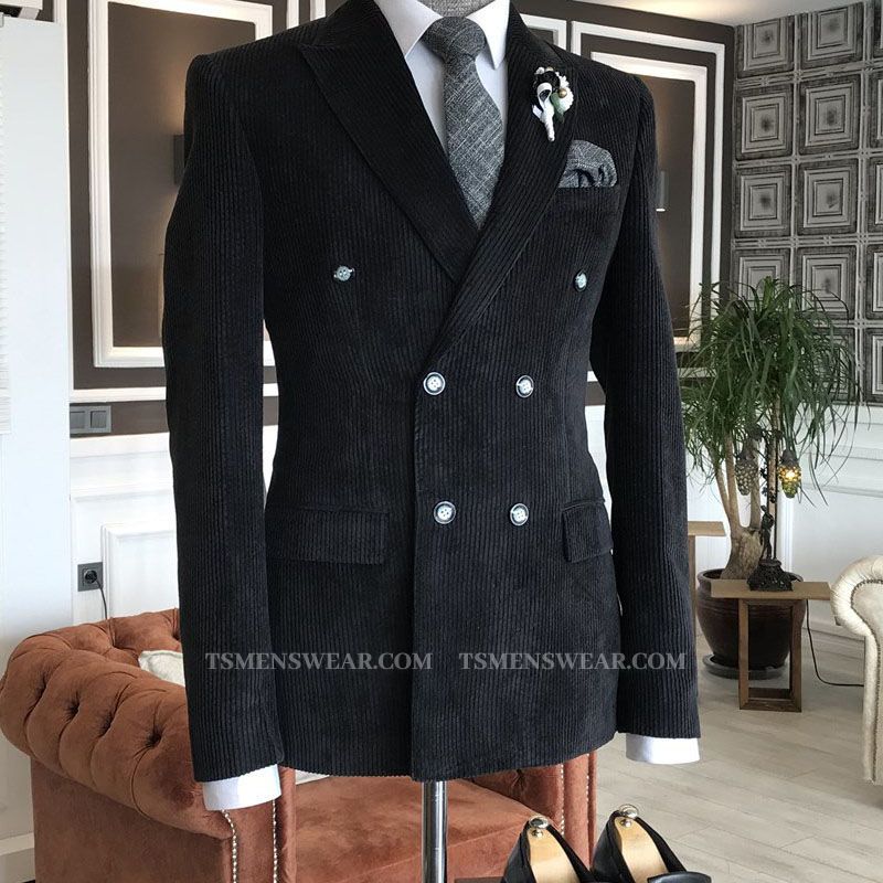 Formal All Black Peaked Lapel Double Breasted Velvet Business Men Suits