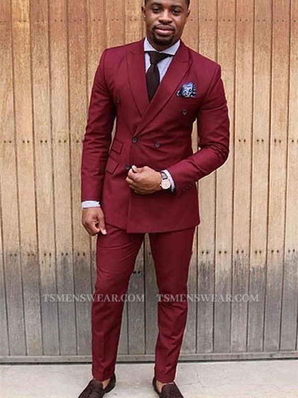 Fashion Red Double Breasted Peaked Lapel Mens Suits Jacket