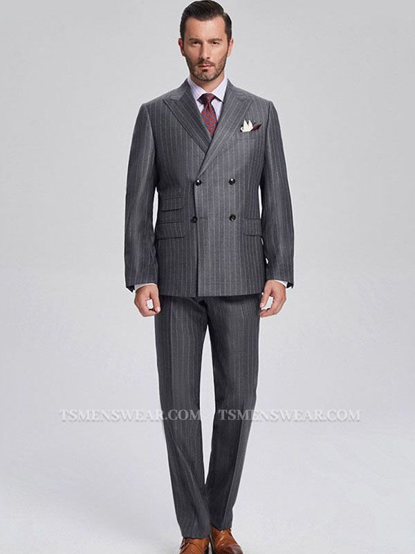 Classic Peak Lapel Double Breasted Light Stripes Dark Grey Mens Suits for Business
