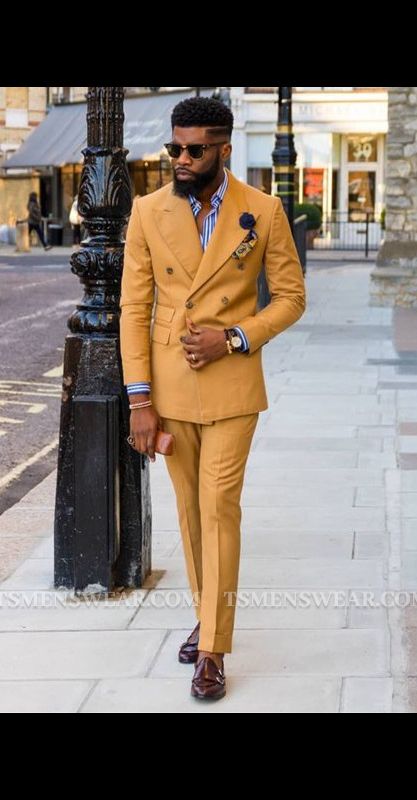 Joshua Chic Yellow Double Breasted Peaked Lapel Bespoke Men Suits